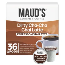 Maud's Gourmet Coffee Dirty Cha-Cha Chai Latte contains 36 pods blending espresso and chai with cinnamon, pepper, ginger, and allspice flavors.