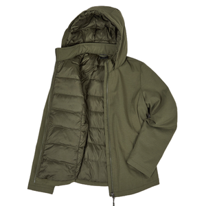 Olive-colored down jacket with a puffer-style interior and a hood. It features a front zipper closure and a sleek, minimal design.