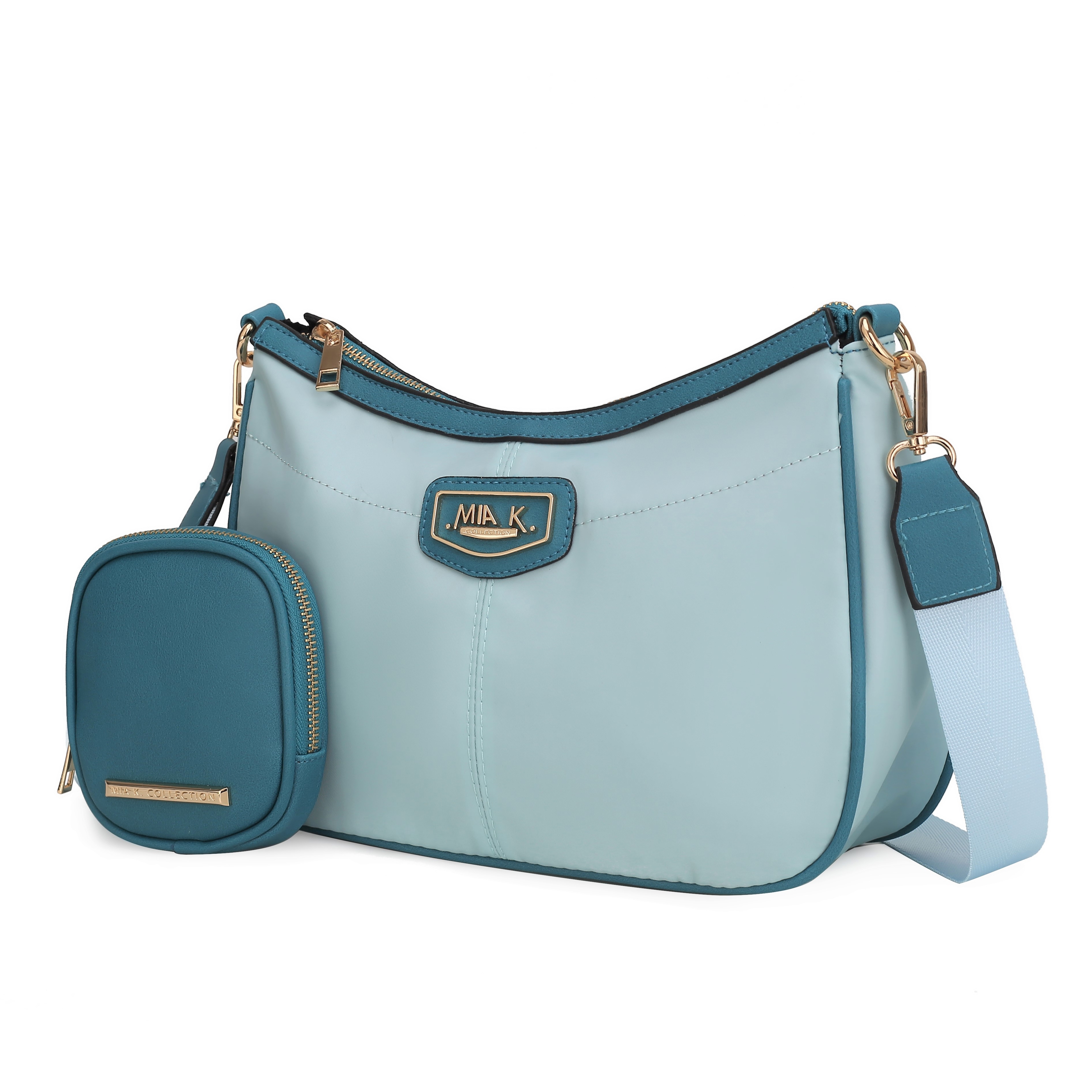 Light blue and teal crossbody bag with a detachable small pouch, featuring gold-tone hardware and a wide, adjustable strap.