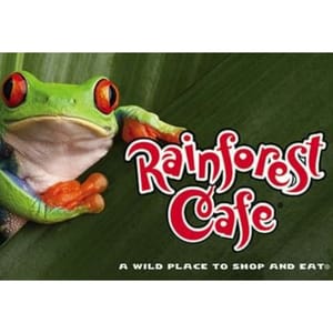 Rainforest Cafe logo featuring a colorful tree frog on a leafy background with the tagline \“A Wild Place to Shop and Eat.\“