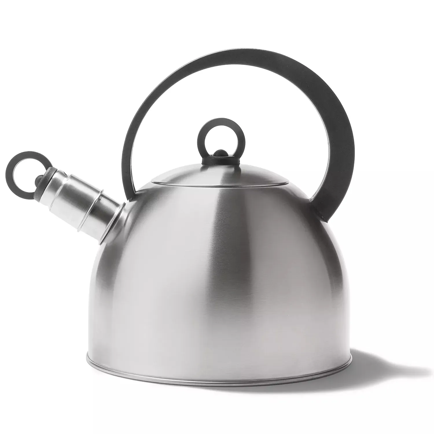 A stainless steel kettle with a round body, black handle, and lid knob, featuring a spout with a hinged cover.