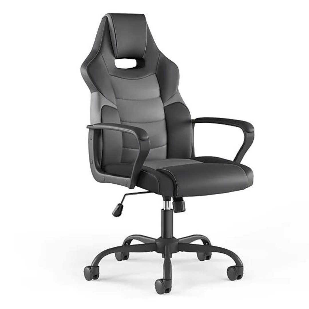 A black racing-style ergonomic office chair with adjustable height and armrests.