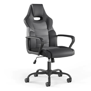 A black racing-style ergonomic office chair with adjustable height and armrests.