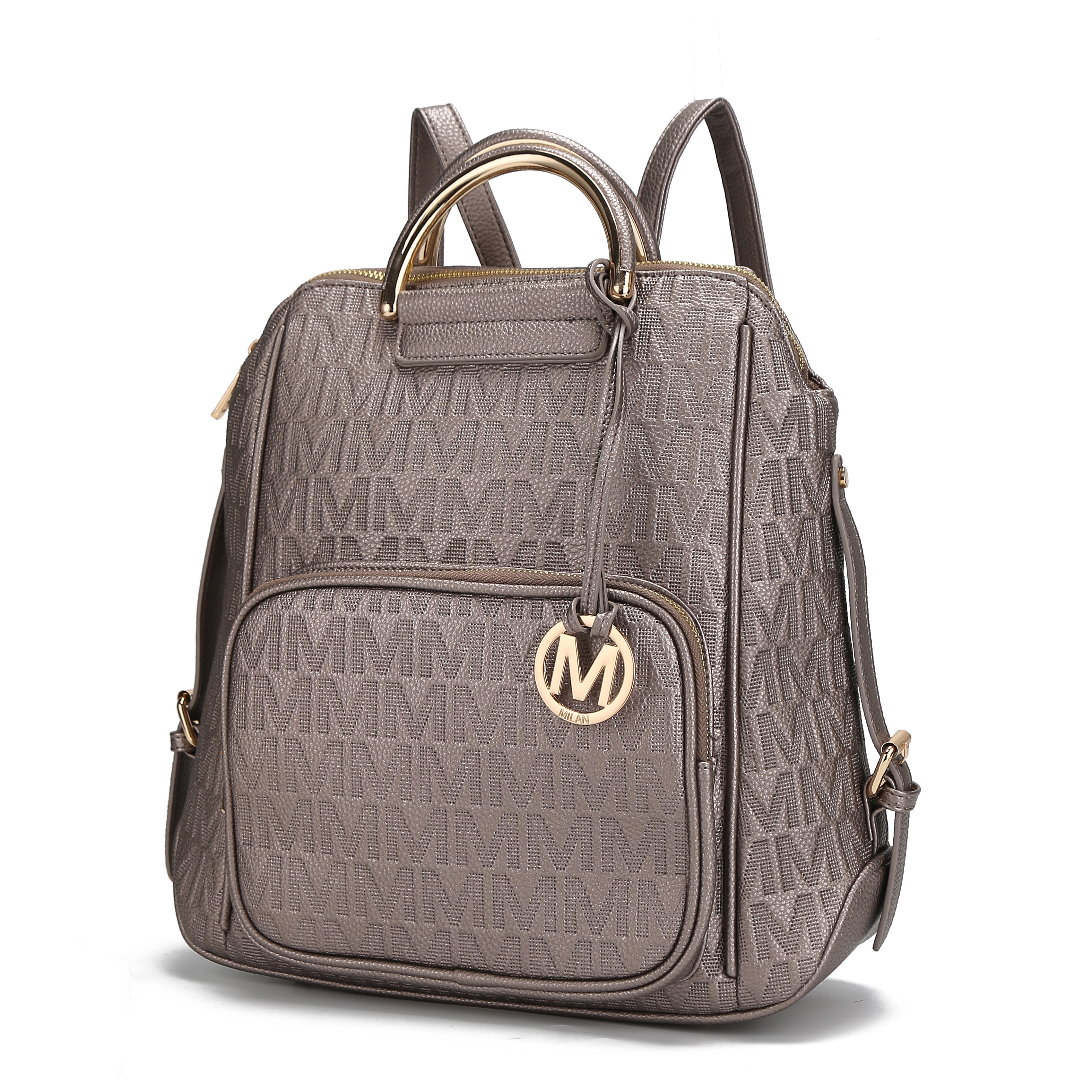 A taupe designer backpack with a logo pattern and a front zip pocket.