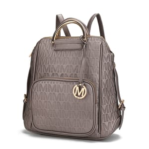 A taupe designer backpack with a logo pattern and a front zip pocket.