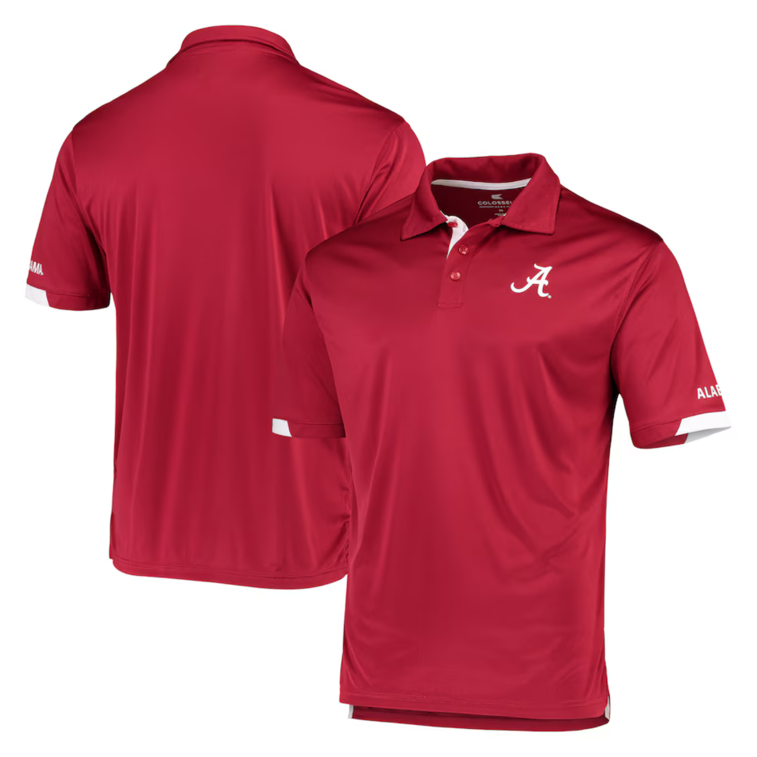 Crimson polo shirt featuring a white \“A\“ logo on the chest, with \“Alabama\“ text on the sleeve, designed for fans of the University of Alabama.