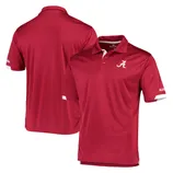 Crimson polo shirt featuring a white \“A\“ logo on the chest, with \“Alabama\“ text on the sleeve, designed for fans of the University of Alabama.