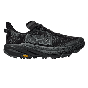 HOKA Women's Speedgoat Trail Shoes in black feature a rugged design with Gore-Tex for waterproofing and a durable Vibram sole for enhanced traction, suitable for trail running.