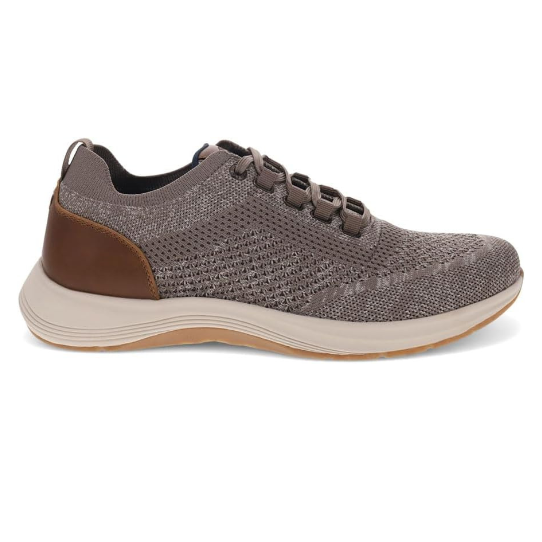 Dockers Bardwell Shoes are lightweight sneakers featuring a textured, gray knit upper with a brown heel accent, cushioned white sole, and lace-up design, offering a casual yet polished look.