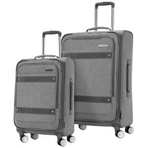 Two gray fabric rolling suitcases with telescopic handles and multi-directional wheels, available in different sizes.