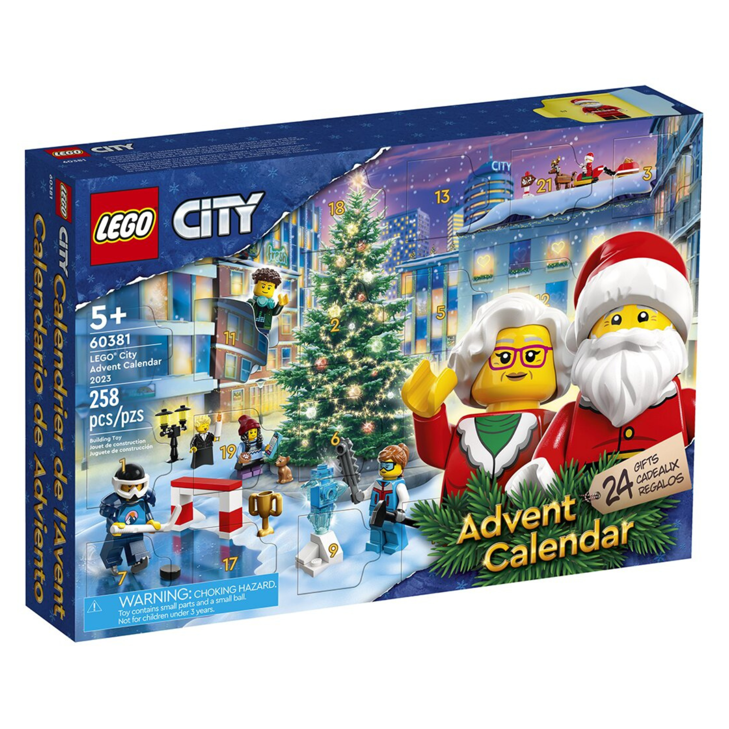 A LEGO City Advent Calendar box featuring 258 pieces, including LEGO figures of Santa and a character with a camera, for ages 5 and up, with a discount offer.