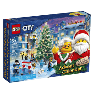 A LEGO City Advent Calendar box featuring 258 pieces, including LEGO figures of Santa and a character with a camera, for ages 5 and up, with a discount offer.