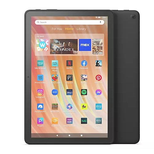 Amazon Fire tablet with a black case displaying various apps on the screen.