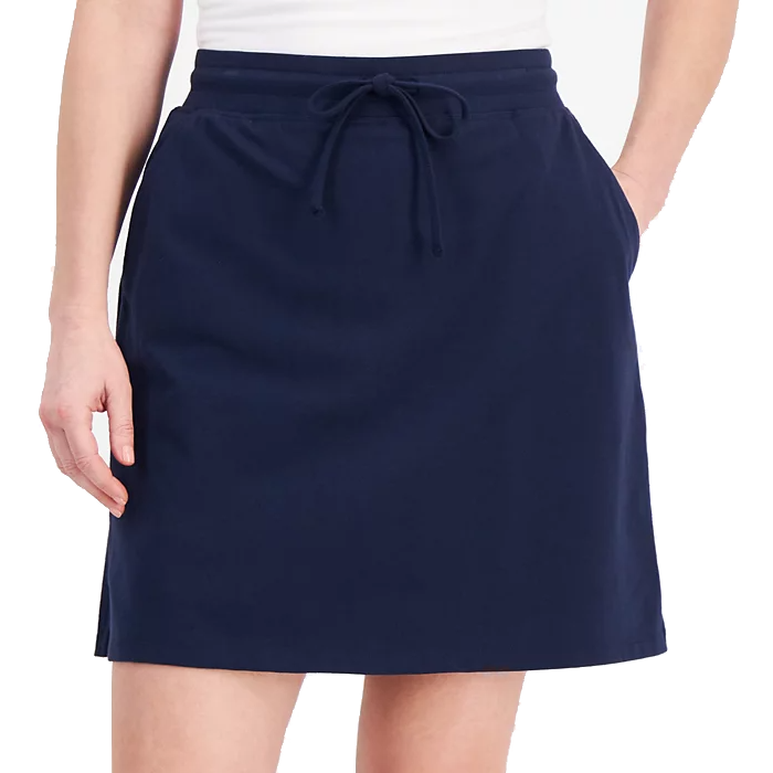 A navy blue skirt with an elastic waistband and drawstring, featuring side pockets and a knee-length design.
