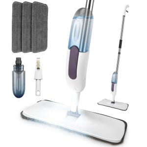 A spray mop set with a detachable cleaning solution container, three microfiber pads, and a small cleaning brush.