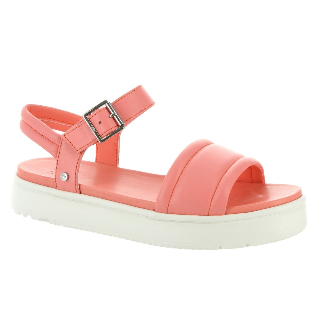 UGG Zayne Ankle-Strap Sandals feature a coral pink design with a padded strap, adjustable buckle closure, and a white platform sole for added comfort and style.