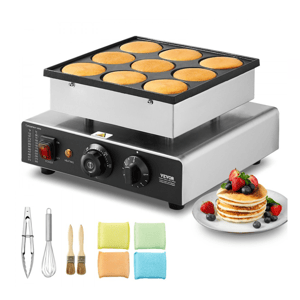 The Vevor 9pc Dutch Pancake Maker features a stainless steel base with a heated plate for making nine small pancakes simultaneously. It includes accessories: tongs, a whisk, two brushes, and four cleaning pads, alongside a serving suggestion of stacked pancakes with berries.