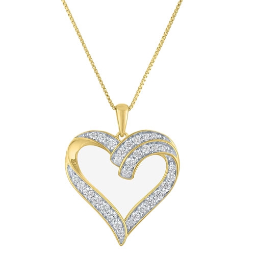 A gold heart-shaped pendant adorned with 5/8 carat white diamonds, featuring a swirl design and hanging from a gold chain.
