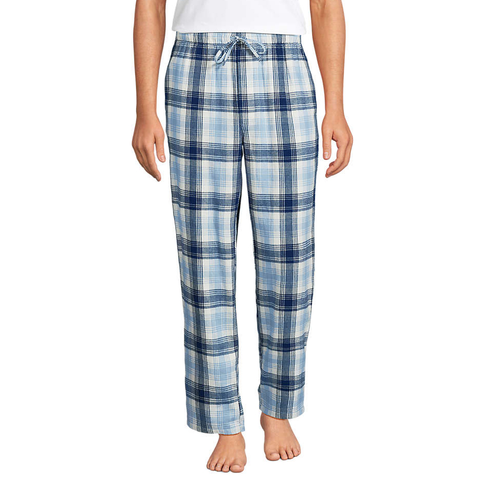Men's flannel pajama pants in a blue and white plaid pattern, featuring a drawstring waist for adjustable comfort.