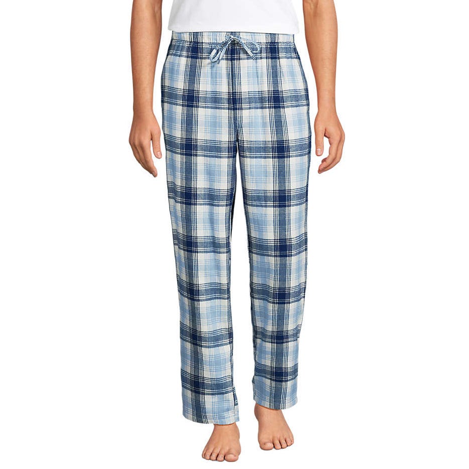 Men's flannel pajama pants in a blue and white plaid pattern, featuring a drawstring waist for adjustable comfort.