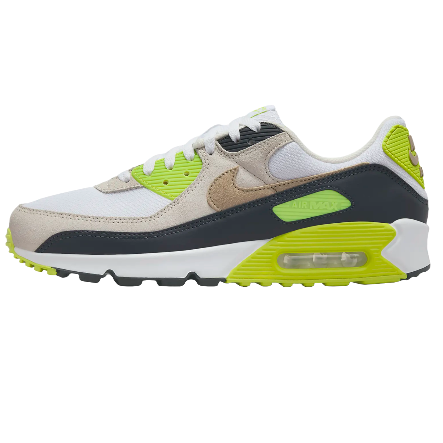 Nike Men's Air Max 90 shoes feature a white, beige, and black upper with bright lime green accents. They have a visible Air Max unit in the heel and a rubber outsole for traction.