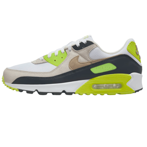 Nike Men's Air Max 90 shoes feature a white, beige, and black upper with bright lime green accents. They have a visible Air Max unit in the heel and a rubber outsole for traction.
