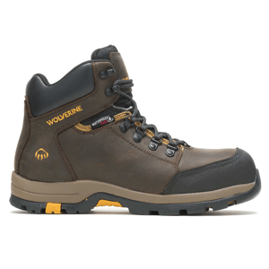 A Wolverine brand work boot with waterproof features, brown leather, sturdy laces, padded ankle support, and a durable treaded sole designed for rugged conditions.