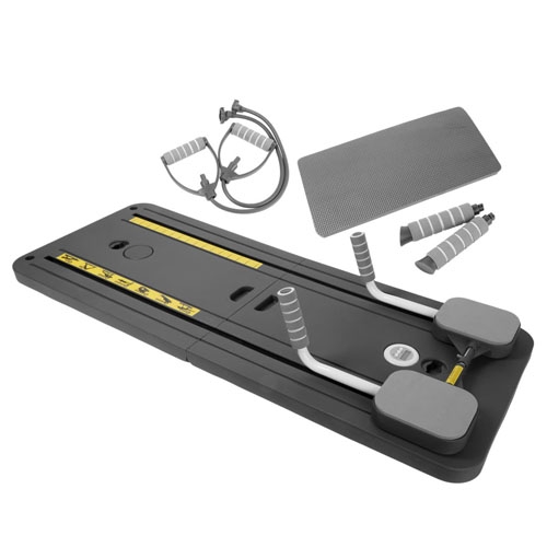 A Pilates Plank Fitness Board features a flat platform with sliding pads, a resistance band with handles, and a non-slip exercise mat. It's designed for core and strength training exercises.