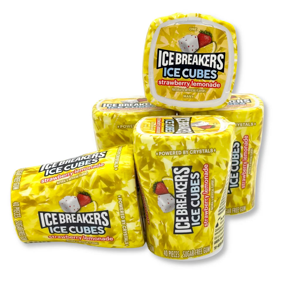 Ice Breakers Ice Cubes gum in strawberry lemonade flavor, featuring sugar-free gum with natural and artificial flavors. Packaging is yellow with fruit imagery and labeled \“powered by crystals.\“ Contains 40 pieces per container.