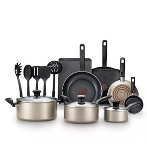 16-piece cookware set includes three saucepans with lids, three frying pans, a griddle, a baking sheet, and five utensils including a ladle, slotted spoon, pasta server, spatula, and slotted turner.