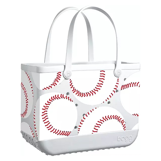 White Bogg Bag featuring a baseball stitch pattern with durable handles, perforated sides, and a sturdy base.