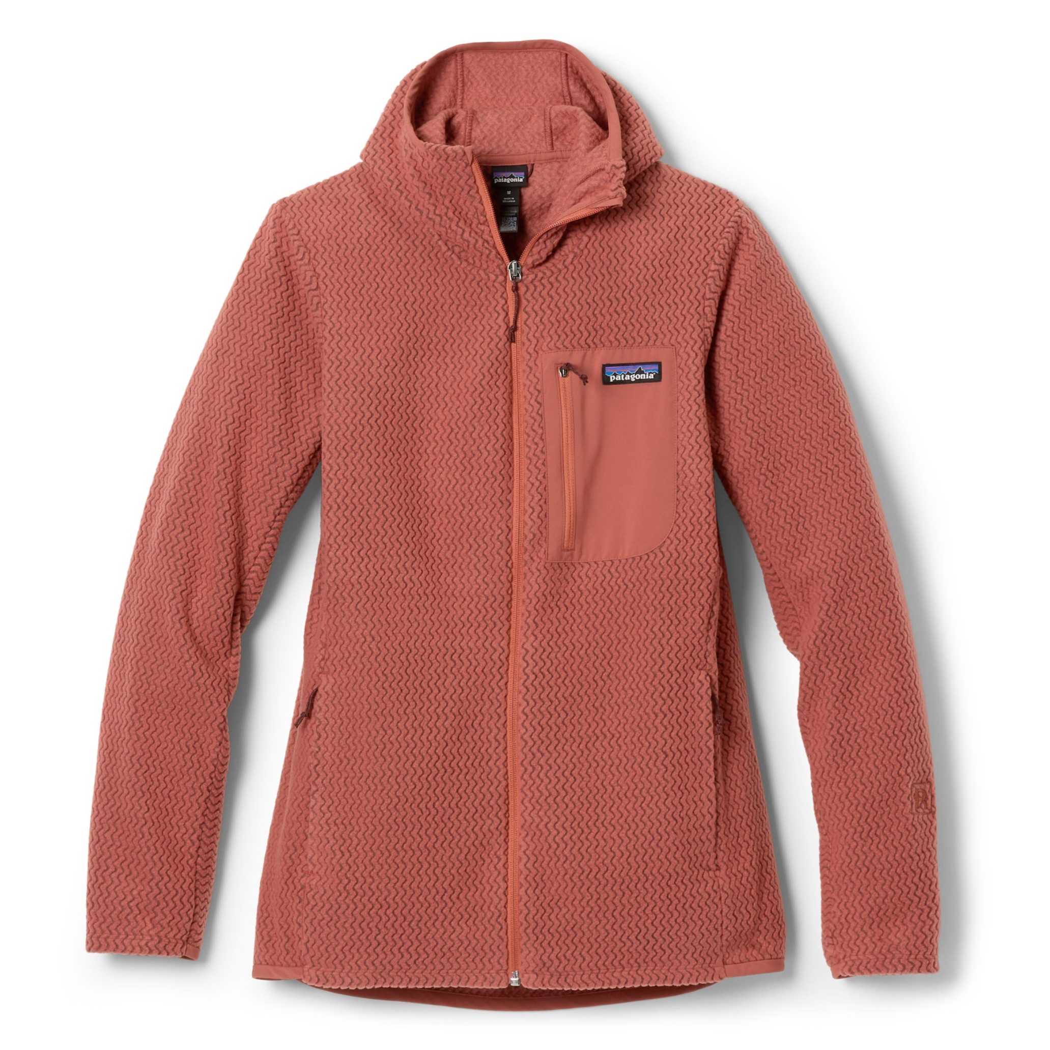 A coral-colored fleece jacket with a full front zipper, a small chest pocket, and two side pockets. It features a subtle pattern design and a hood for added warmth.