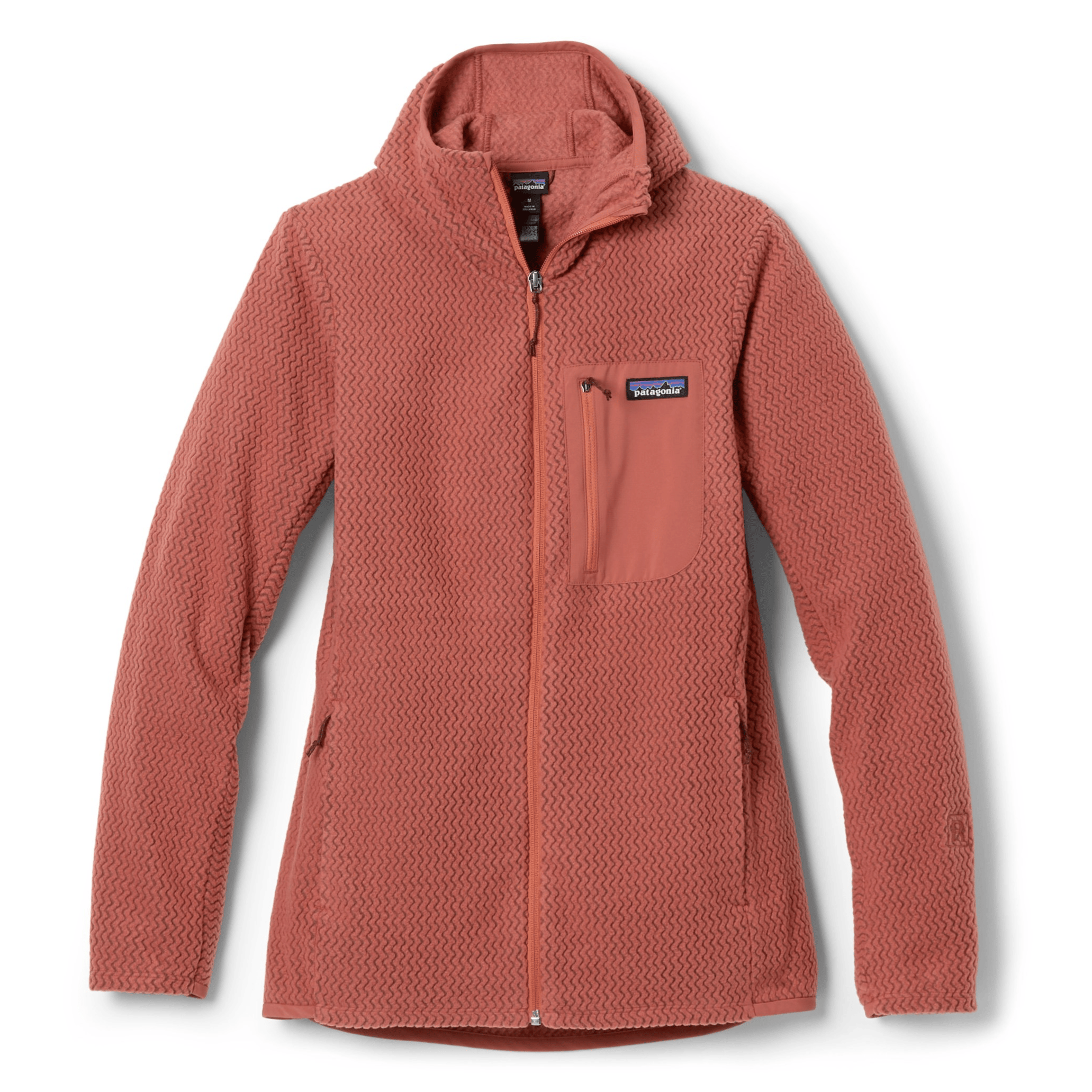 A coral-colored fleece jacket with a full front zipper, a small chest pocket, and two side pockets. It features a subtle pattern design and a hood for added warmth.