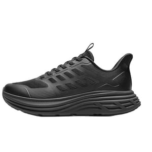 A black athletic running shoe with a mesh upper, textured sole, and lace-up design.