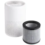 A white cylindrical air purifier alongside a circular HEPA filter.