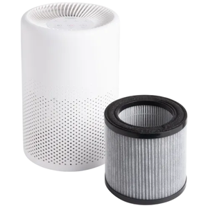 A white cylindrical air purifier alongside a circular HEPA filter.