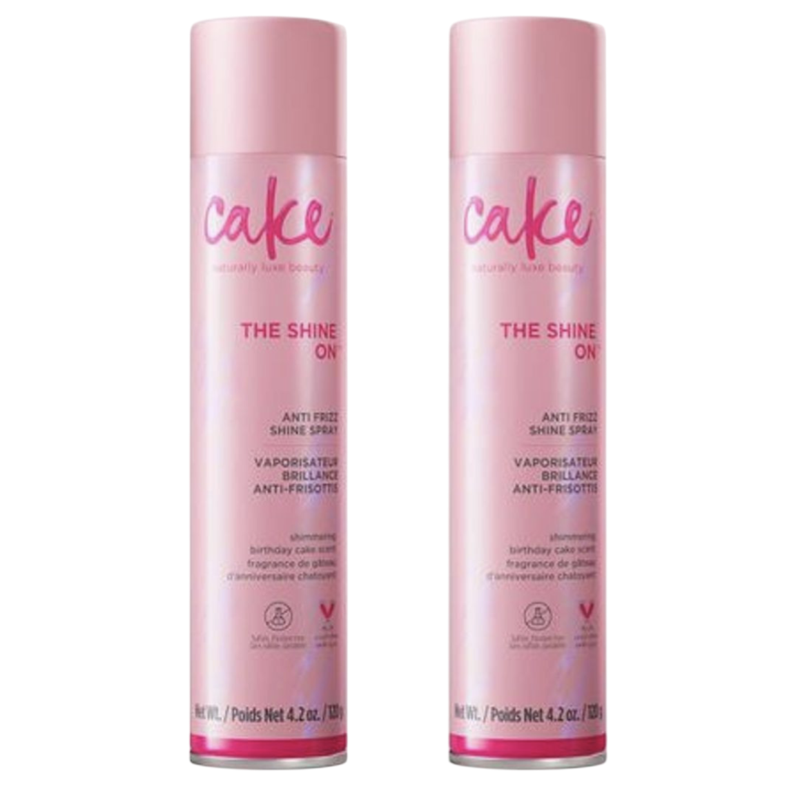 Cake's \“The Shine On\“ anti-frizz shine spray with shimmering birthday cake scent, 4.2 oz (120 g).
