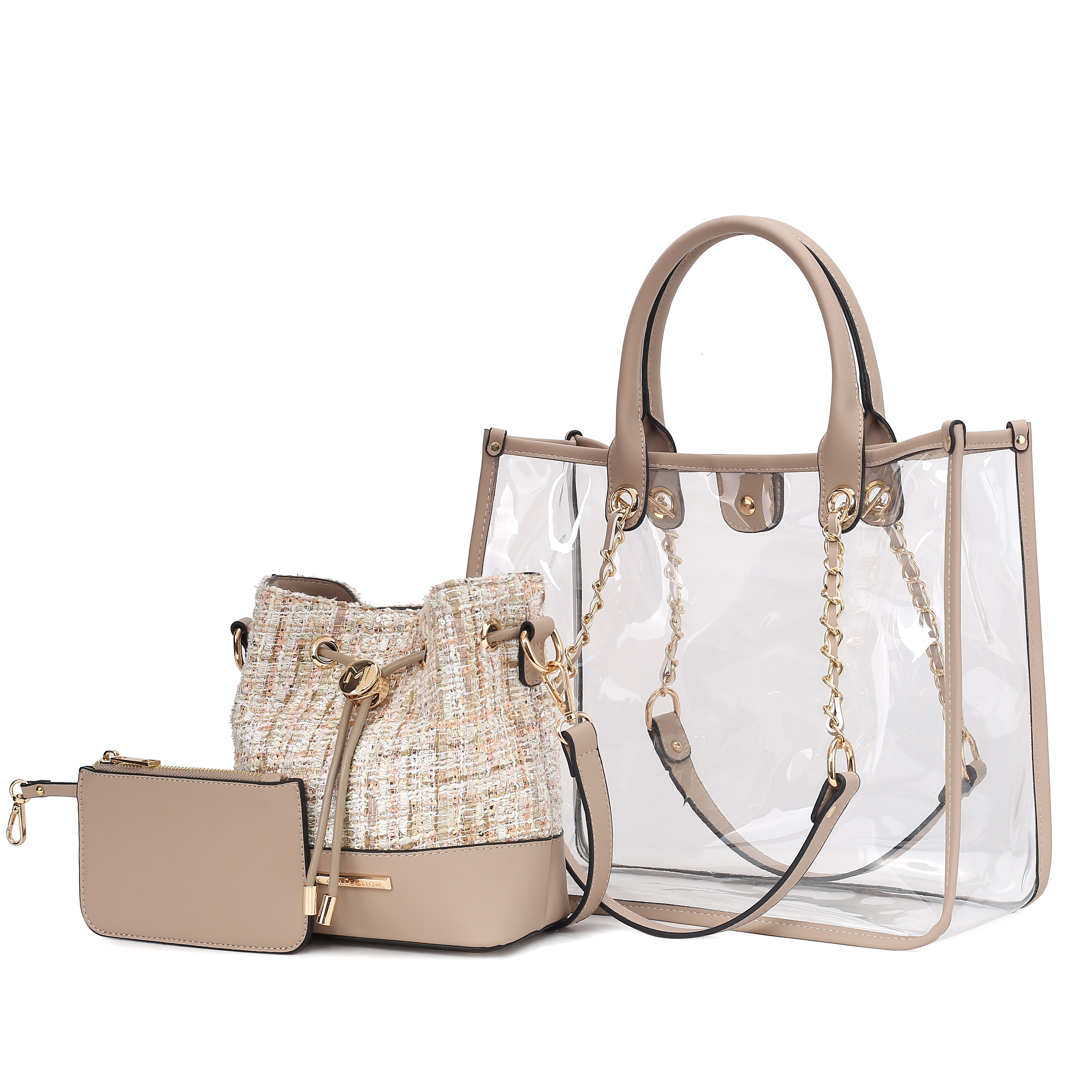 A set of bags featuring a clear tote with beige handles and gold chain accents, complemented by a beige tweed drawstring bucket bag and a matching beige pouch.