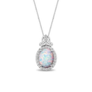 A necklace featuring a pendant with an oval opal surrounded by a halo of diamonds, set in silver, and adorned with an elegant swirl motif above the stone.