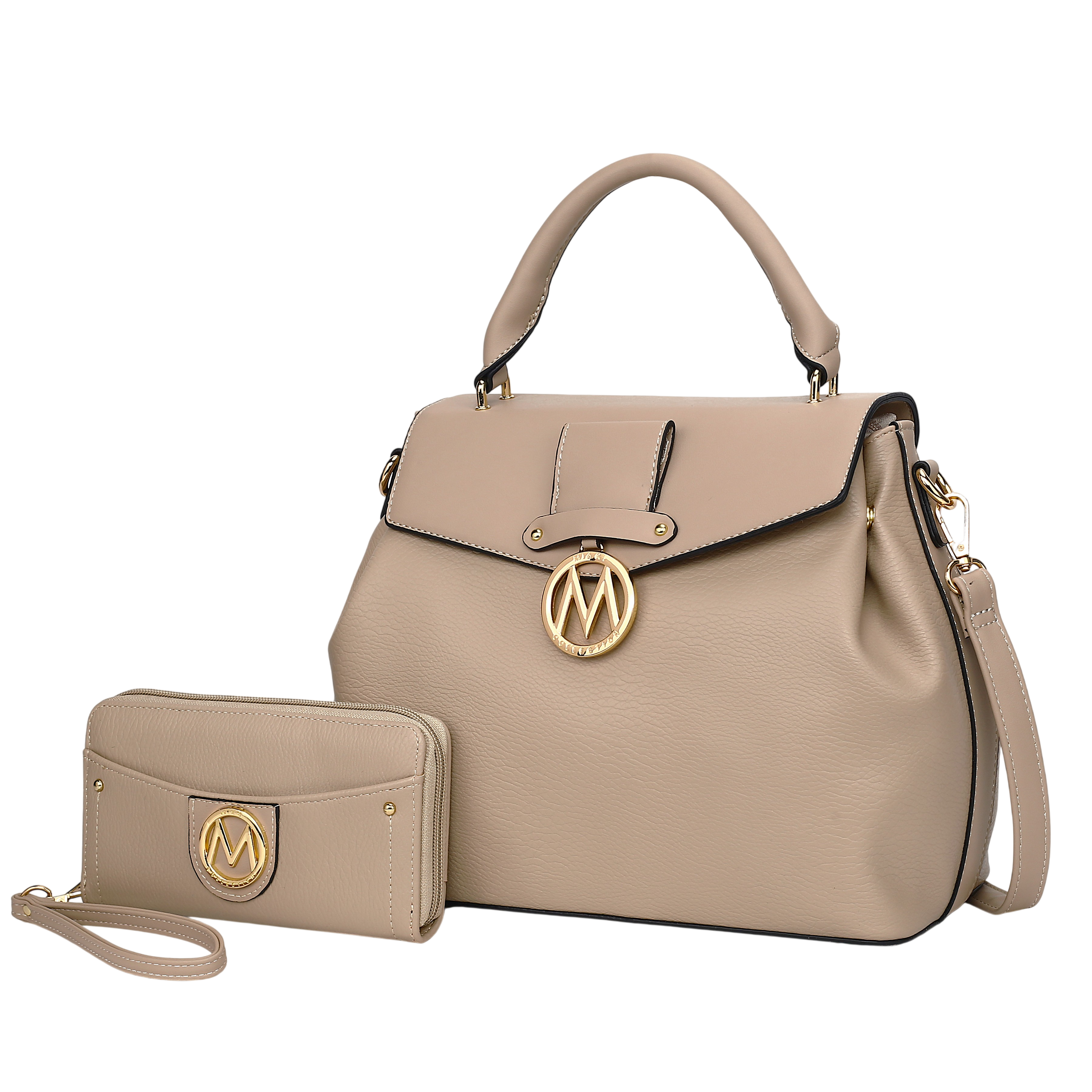 A beige handbag with a top handle, flap closure, and gold accents is paired with a matching wristlet featuring a similar design and gold emblem. Both items have a sleek, modern aesthetic.