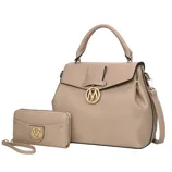 A beige handbag with a top handle, flap closure, and gold accents is paired with a matching wristlet featuring a similar design and gold emblem. Both items have a sleek, modern aesthetic.