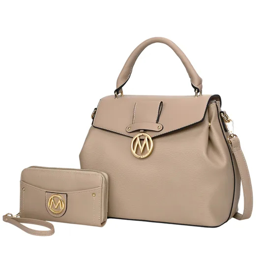 A beige handbag with a top handle, flap closure, and gold accents is paired with a matching wristlet featuring a similar design and gold emblem. Both items have a sleek, modern aesthetic.