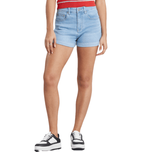 Light blue denim mom shorts with a rolled hem design, featuring a high waist, front and back pockets, and a button-zipper closure. The model is wearing black and white sneakers.