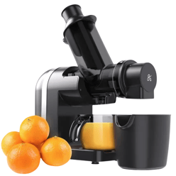 A countertop juicer for extracting juice, shown with several oranges.