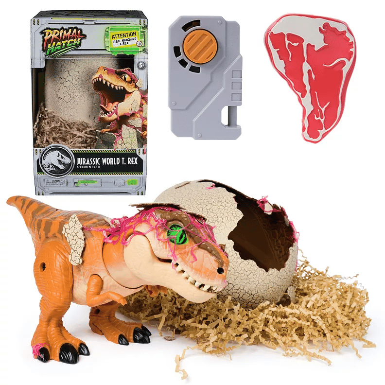 Jurassic World T. Rex toy with a hatching egg, remote control, and cardboard packaging featuring the Primal Hatch design.