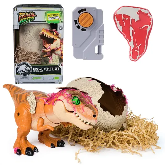 Jurassic World T. Rex toy with a hatching egg, remote control, and cardboard packaging featuring the Primal Hatch design.