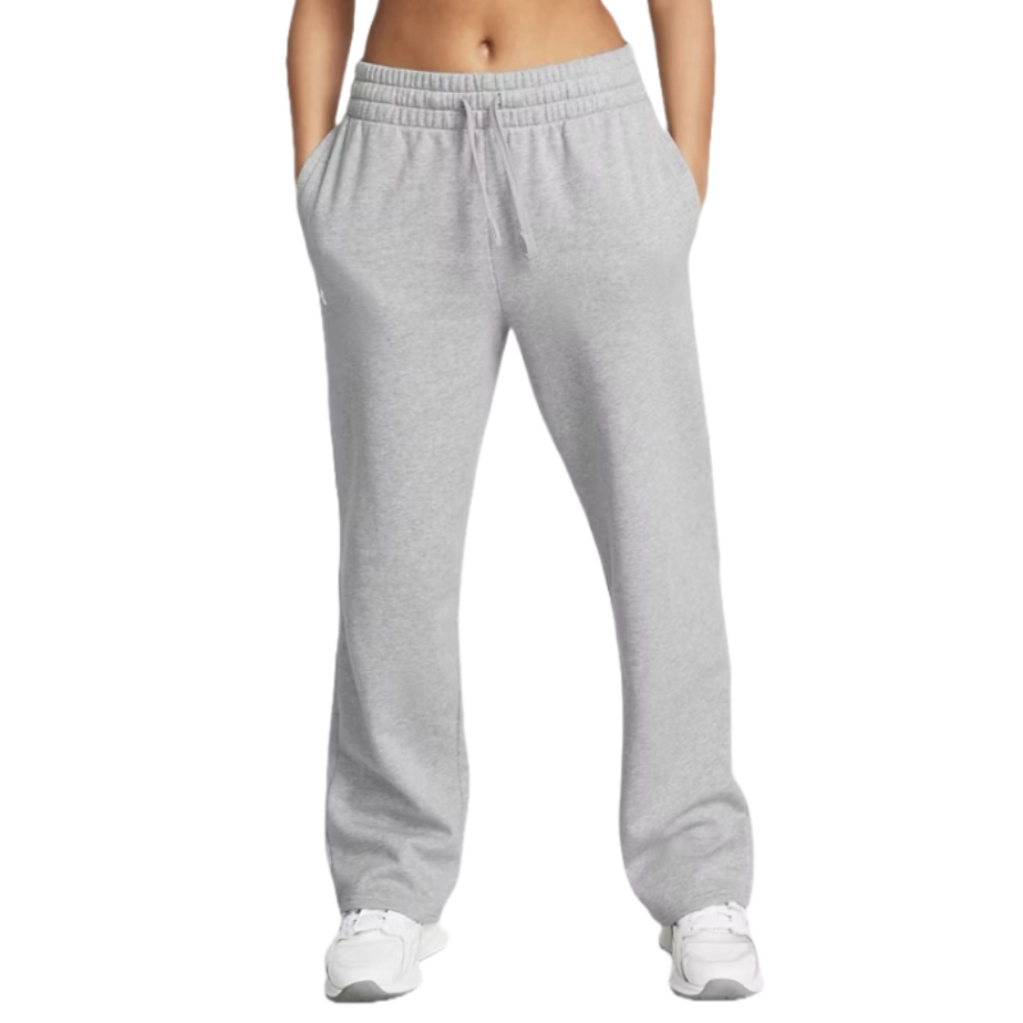 Gray straight-leg sweatpants with an elastic waistband, internal drawstring, and side pockets, paired with white sneakers.