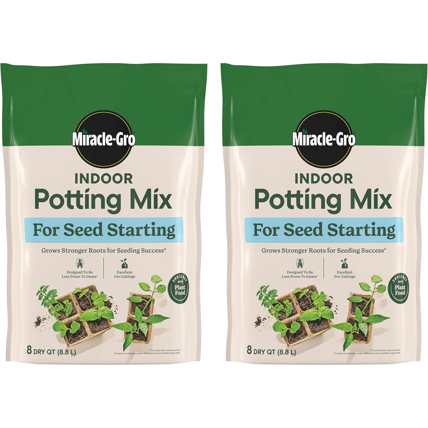 Miracle-Gro Indoor Potting Mix for Seed Starting, designed to grow stronger roots, is excellent for cuttings and is less prone to attracting gnats. Each bag contains 8 dry quarts (8.8 liters).