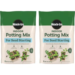 Miracle-Gro Indoor Potting Mix for Seed Starting, designed to grow stronger roots, is excellent for cuttings and is less prone to attracting gnats. Each bag contains 8 dry quarts (8.8 liters).