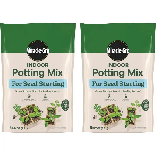 Miracle-Gro Indoor Potting Mix for Seed Starting, designed to grow stronger roots, is excellent for cuttings and is less prone to attracting gnats. Each bag contains 8 dry quarts (8.8 liters).